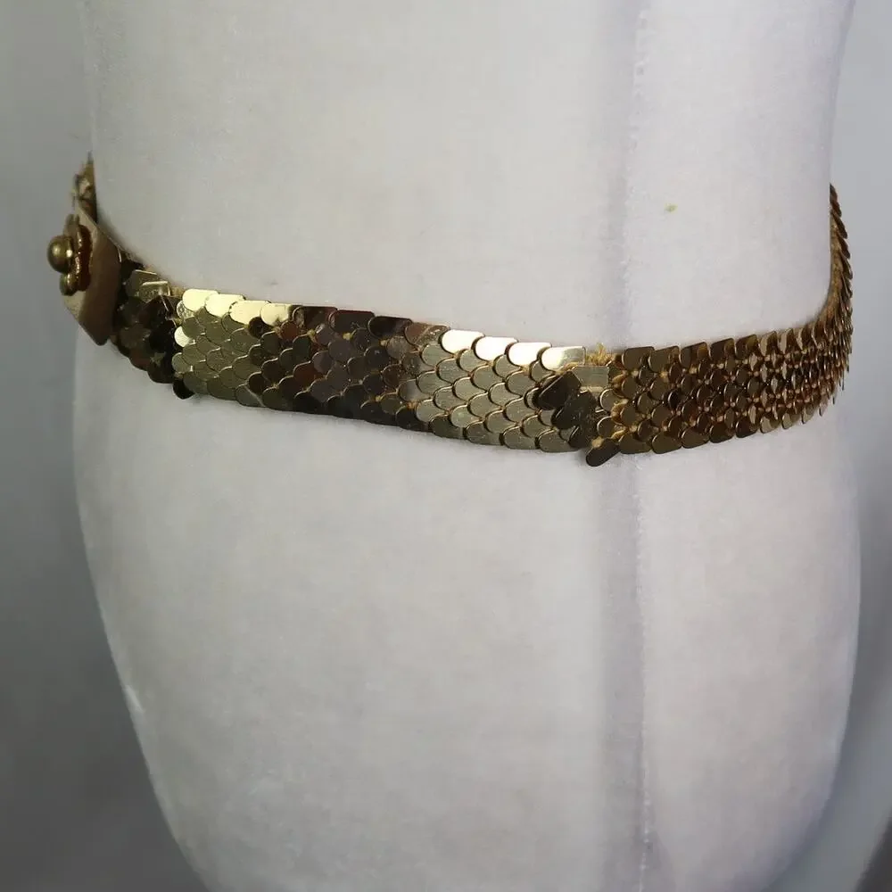 Vintage 80s Gold Metal Fish Scale Stretchy Waist Belt